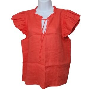 Marc New York Linen Top Shirt Sz M Orange Coral Pink Ruffle Sleeve Resort Boho